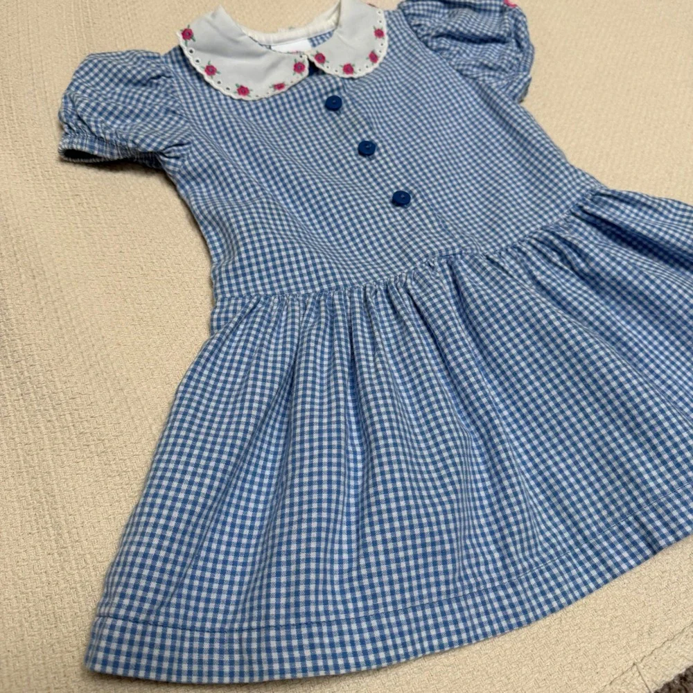 Vintage OshKosh‎ Bgosh Blue Gingham Dress Embroidered Floral Collar USA Girls 2T